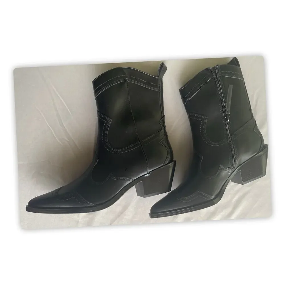 Madden Girl Women’s Black Western Ankle Boots Pointed Toe Block Heel 8M NWOT